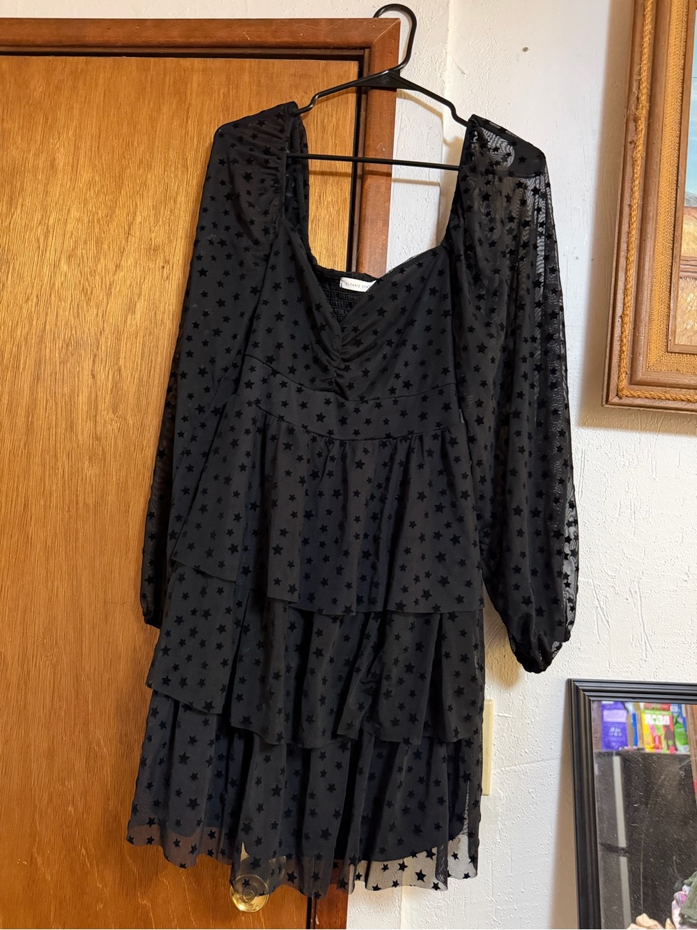 Altar'd State Black Star-Print Tiered Mesh Midi Dress
